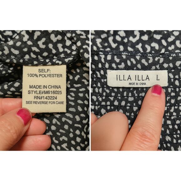 ILLA ILLA L Top Womens Large Black White Ruched Long Sleeve Sheer Smocked Blouse - Picture 6 of 8